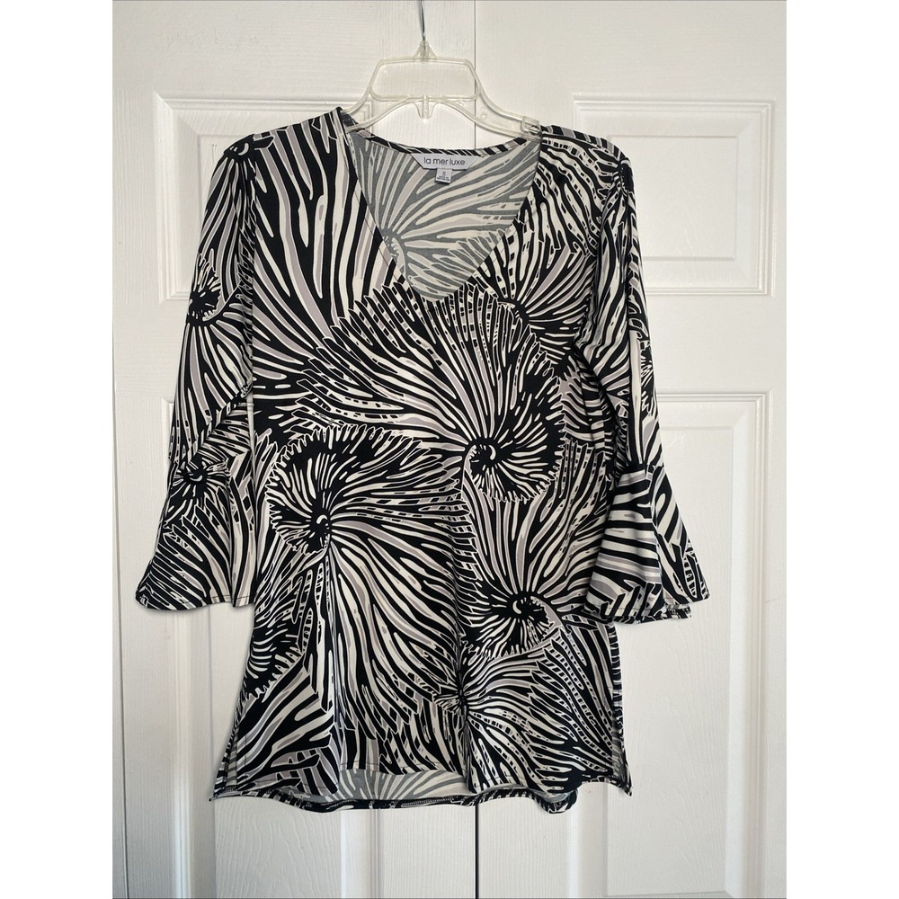 La Mer Luxe Abstract Swirl Tunic Top Womens Size S Black White Bell Sleeve
